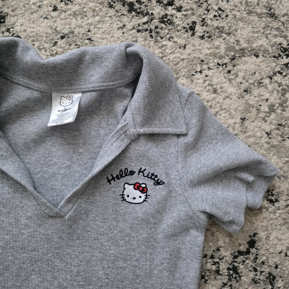 Hello Kitty Ribbed Embroidered Collared Dress Womens Size M Gray